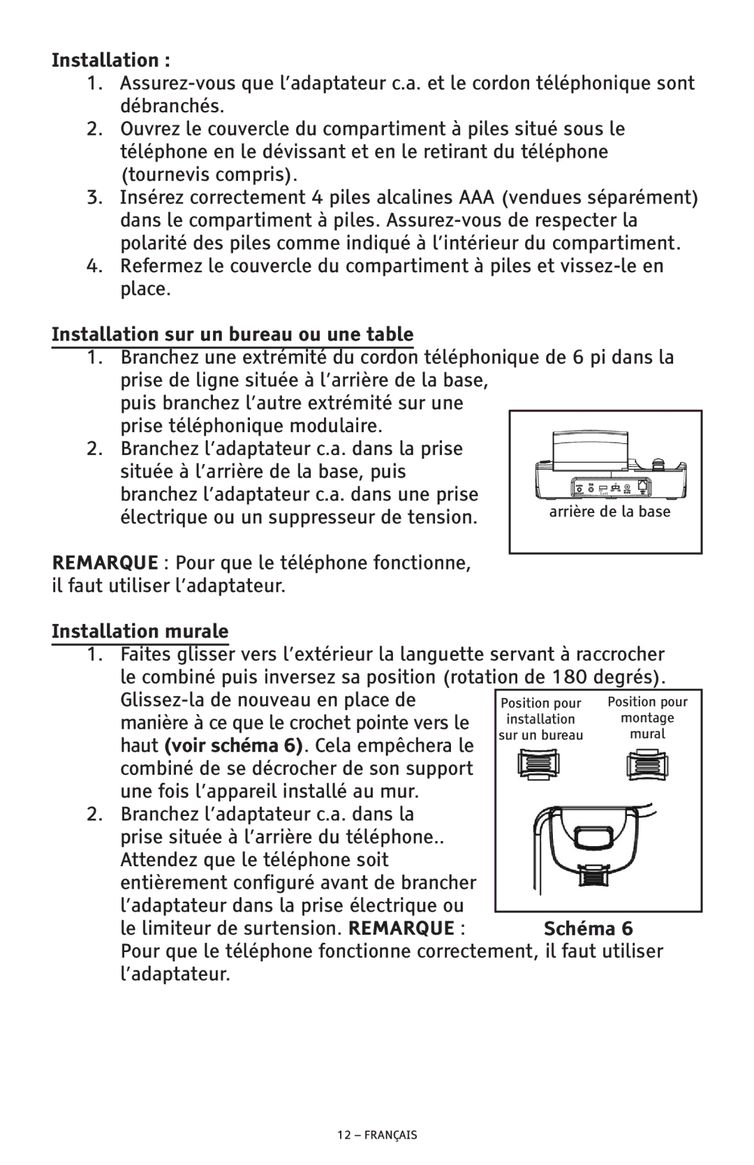 ClearSounds CSC600D manual Installation , Installation sur un bureau ou une table, Installation murale 